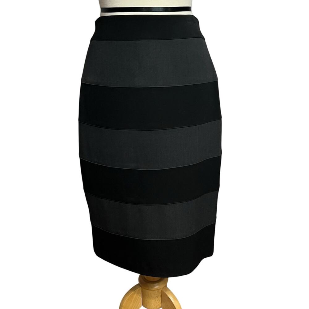 Virtue Pencil Skirt Womens 6 Black Gray Stripe Back Slit Stretch Corpcore Career